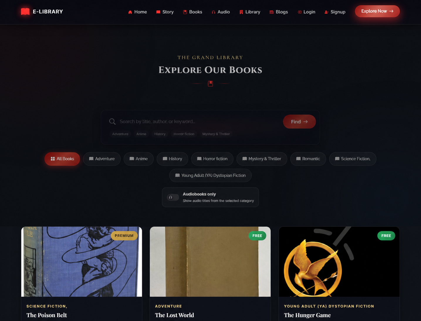 Libryzo searchable book catalog with categories, filters, and title cards