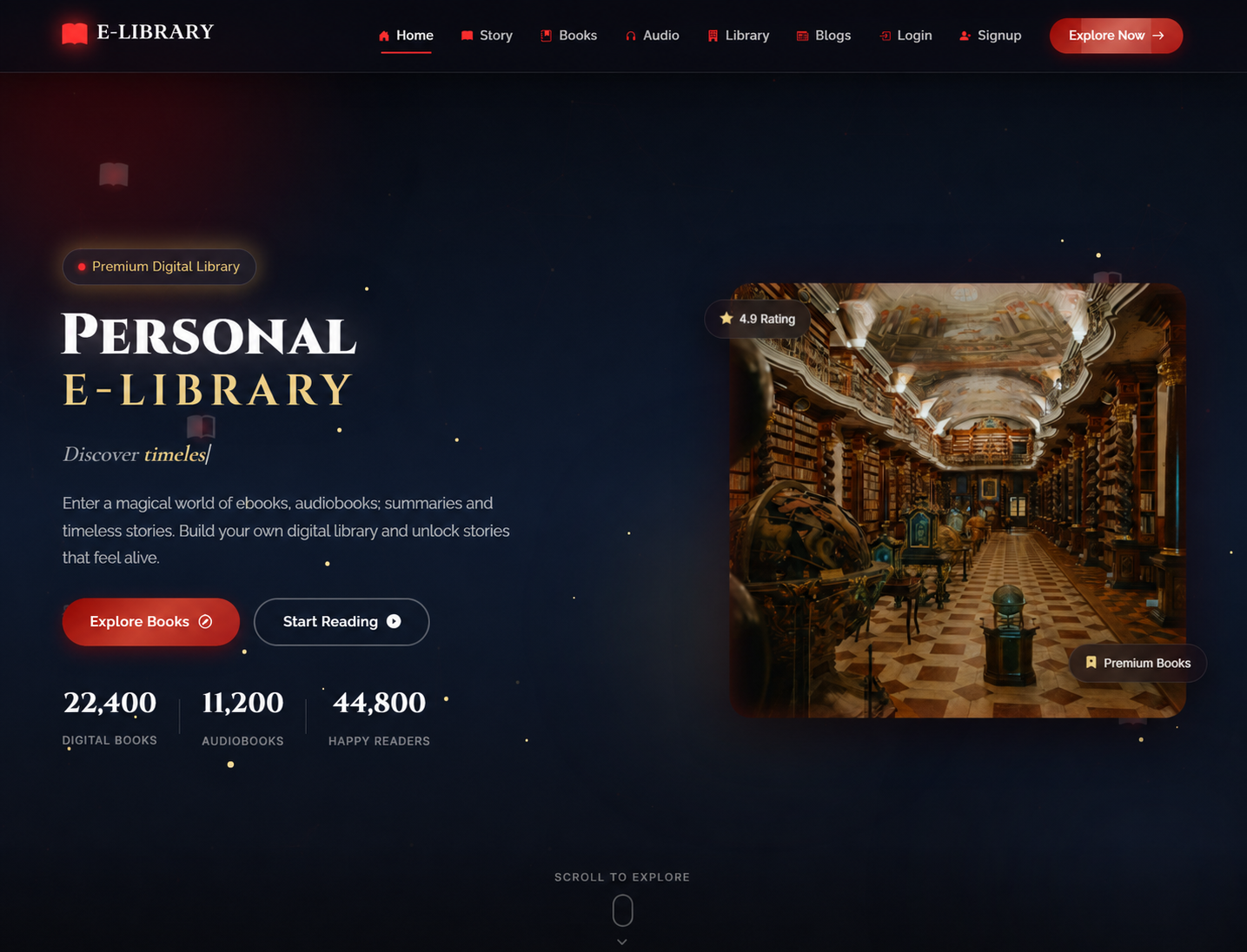 Libryzo digital library homepage with discovery actions and featured library artwork